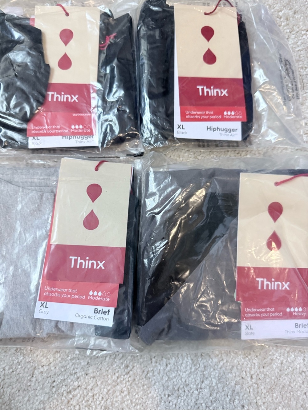 4 pairs of Thinx Period Underwear- brand new in package, briefs and hiphuggers